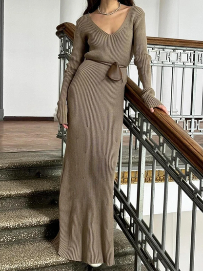 Vestido largo mujer de punto acanalado cuello en v manga larga