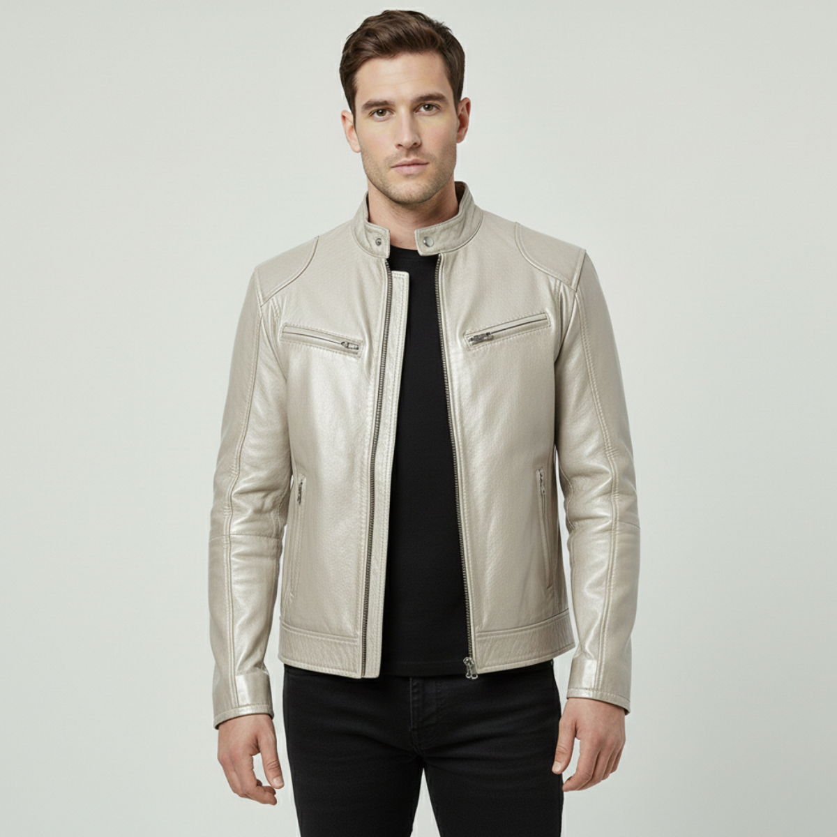 Chaqueta Hombre Cuero Sintético Cuello Alto Puños Ajustables