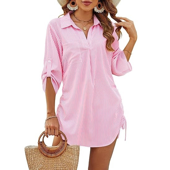 Camisa Hombre Playa Ligera Cintura Ajustable Manga Larga