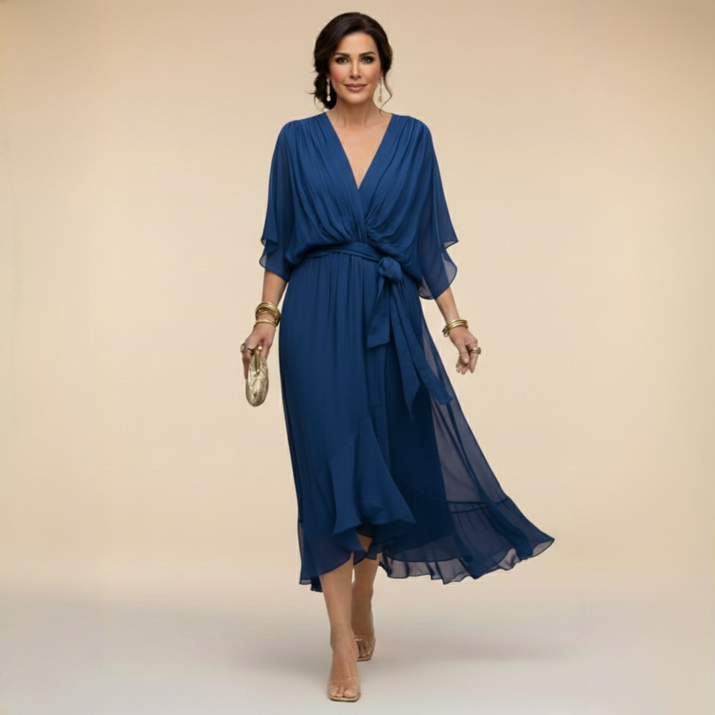 Vestido Midi Mujer Fluido Escote en V Cintura Ajustable