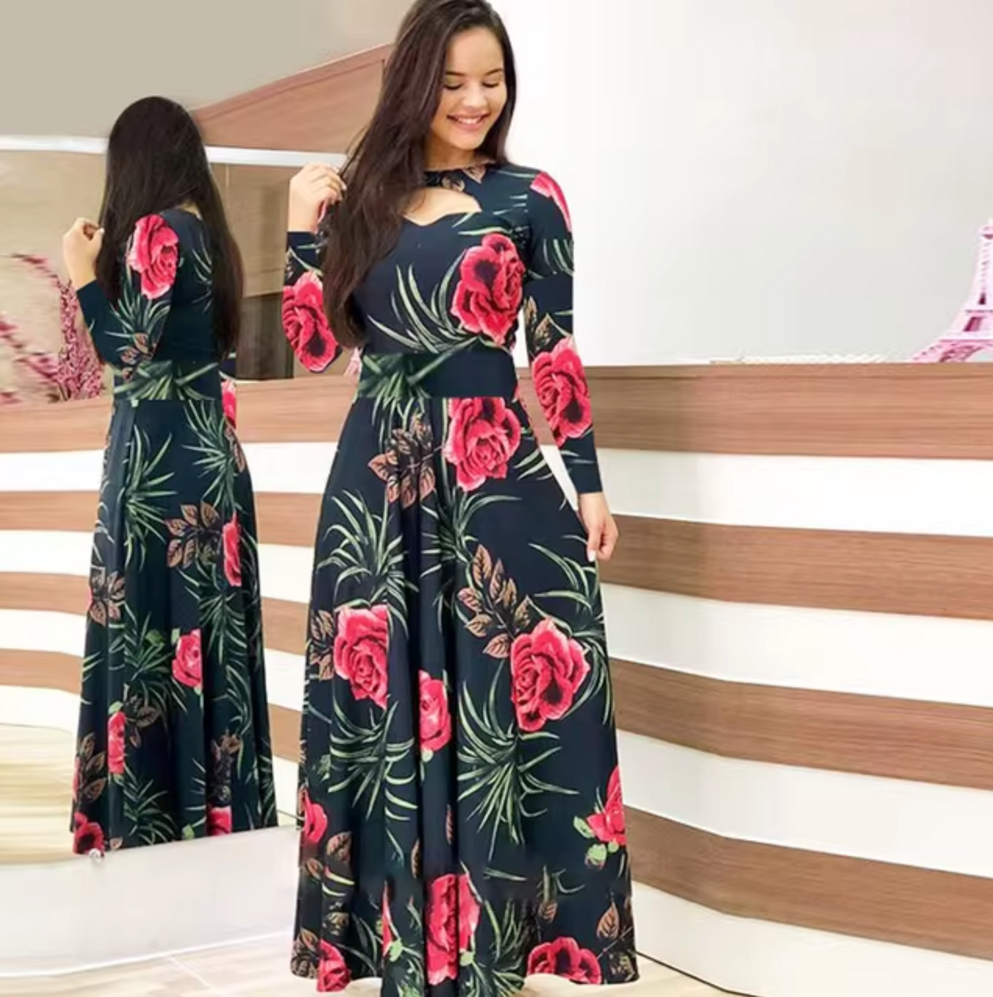 Vestido maxi mujer de manga larga con estampado floral