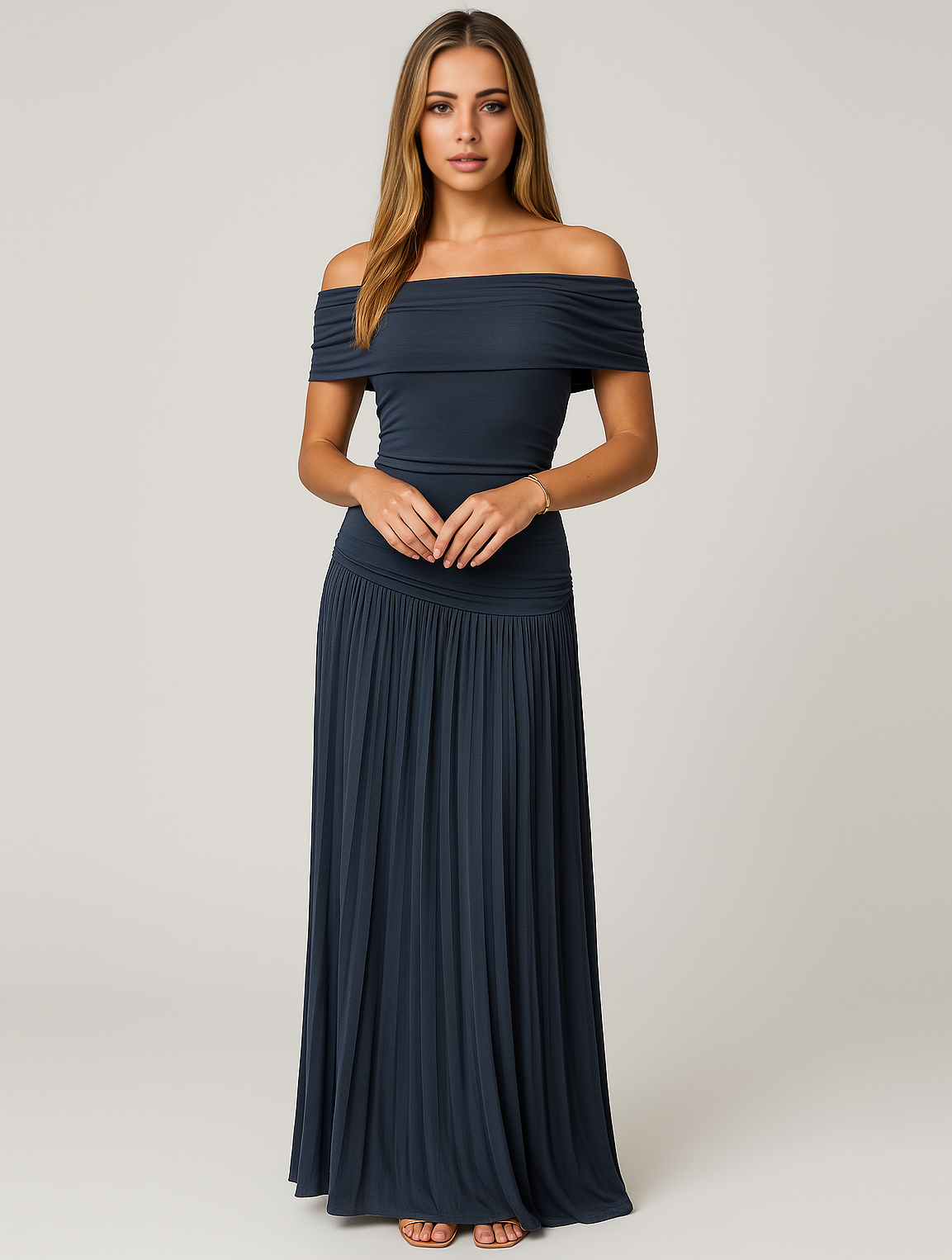 Vestido maxi mujer de boda plisado sin hombros