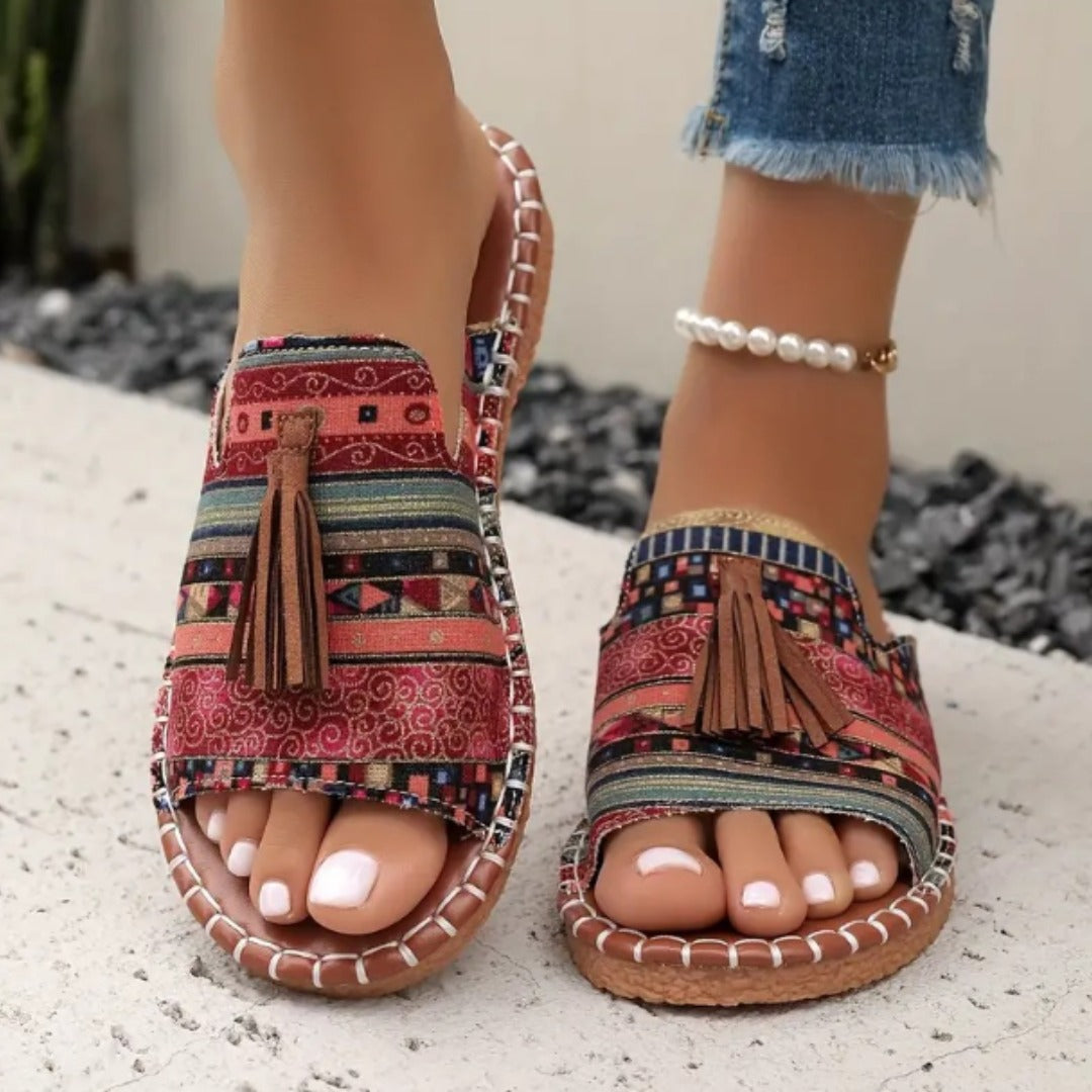 Sandalias planas mujer cuero flecos suela acolchada estilo boho - Mavetta