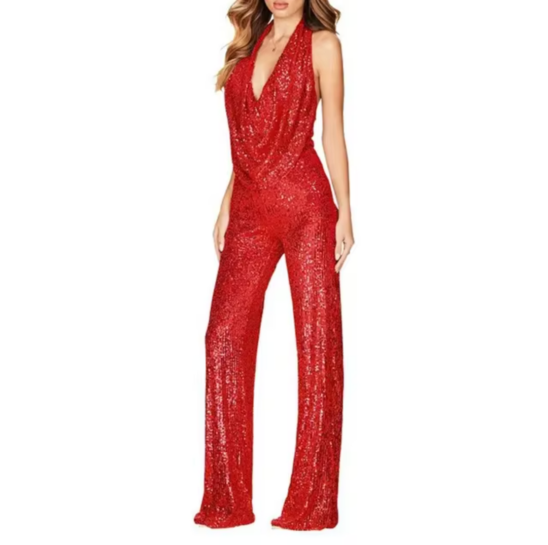 Mono Mujer con Lentejuelas y Cuello Halter Elegante