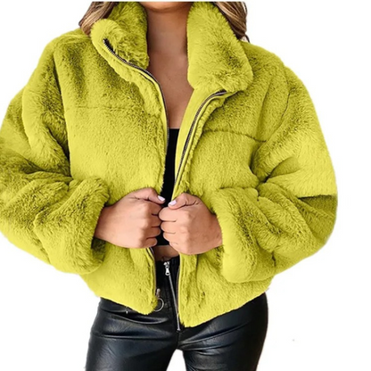 Chaqueta corta mujer teddy con cremallera y cuello alto