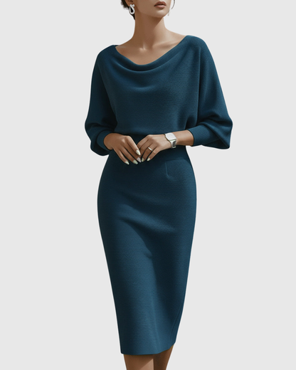 Vestido midi mujer Drapeado Manga Murciélago Escote Elegante