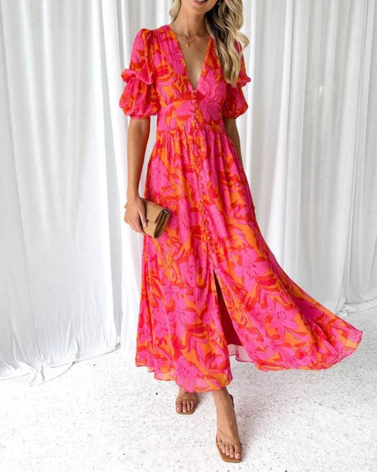 Vestido Verano Mujer Escote en V Mangas Abullonadas - Mavetta