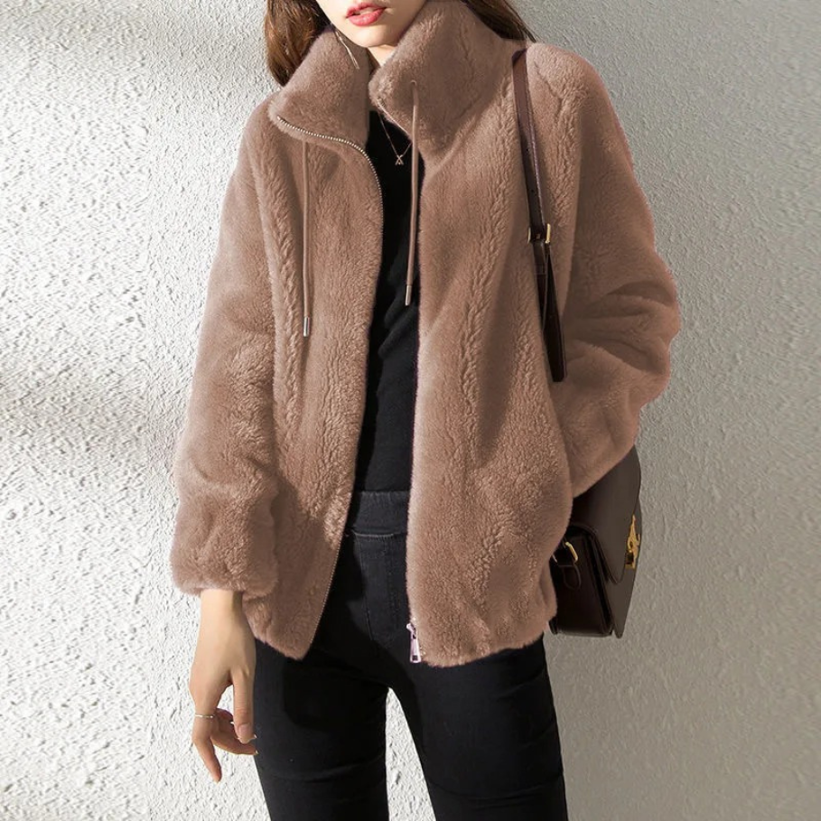 Chaqueta Mujer Teddy Cuello Alto Cremallera Moderna