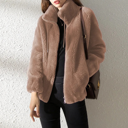 Chaqueta Mujer Teddy Cuello Alto Cremallera Moderna