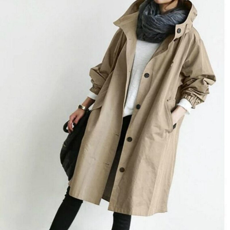 Trench Coat Mujer Largo con Capucha y Cuello Alto Ajuste Amplio