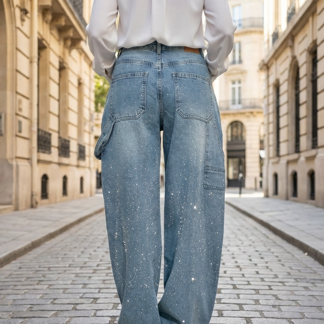 Pantalones Vaqueros Mujer Anchos Detalles Brillantes