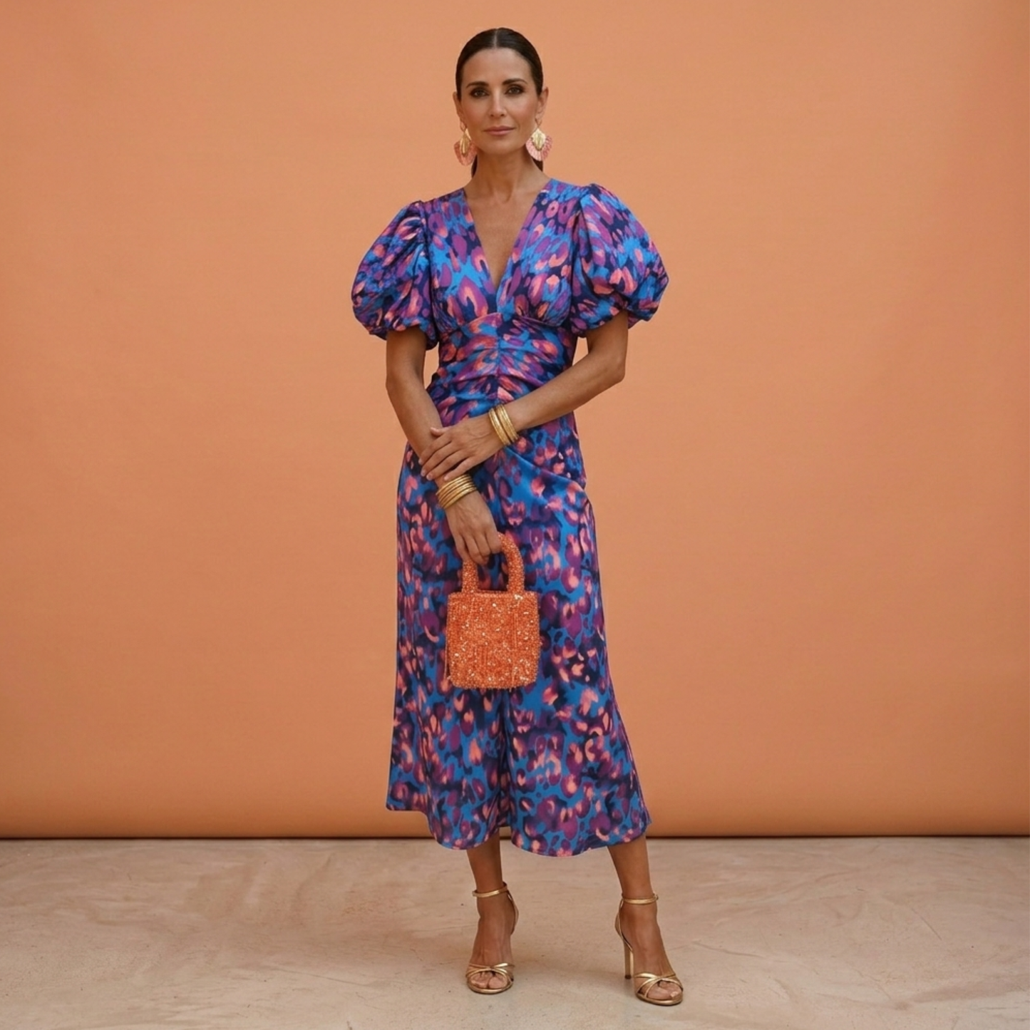 Vestido mujer escote en V mangas abullonadas estilo femenino