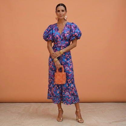 Vestido mujer escote en V mangas abullonadas estilo femenino