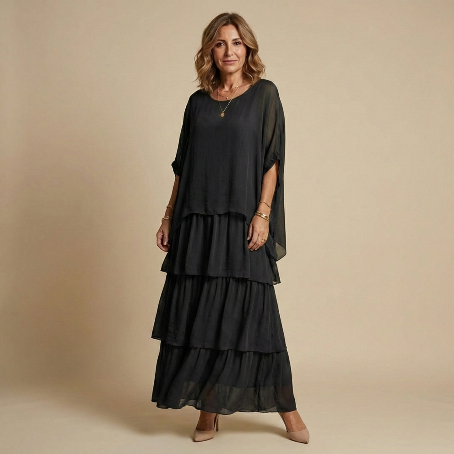 Vestido Largo Mujer Fluido en Capas Manga Suelta Corte Amplio