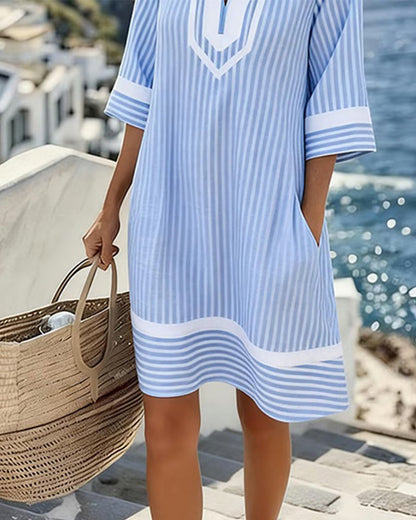 Vestido Mujer Rayas Cuello en V Estilo Casual Veraniego