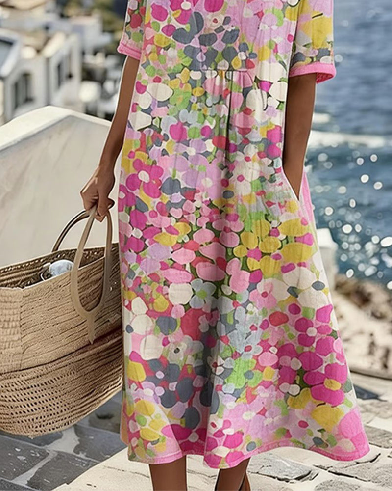 Vestido midi mujer algodón lino estampado bolsillos verano