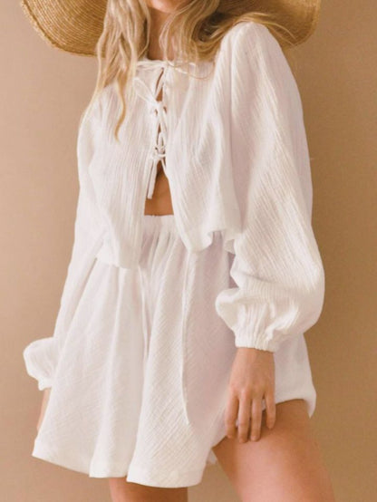 Conjunto Mujer de Dos Piezas Manga Larga y Short Cintura Alta