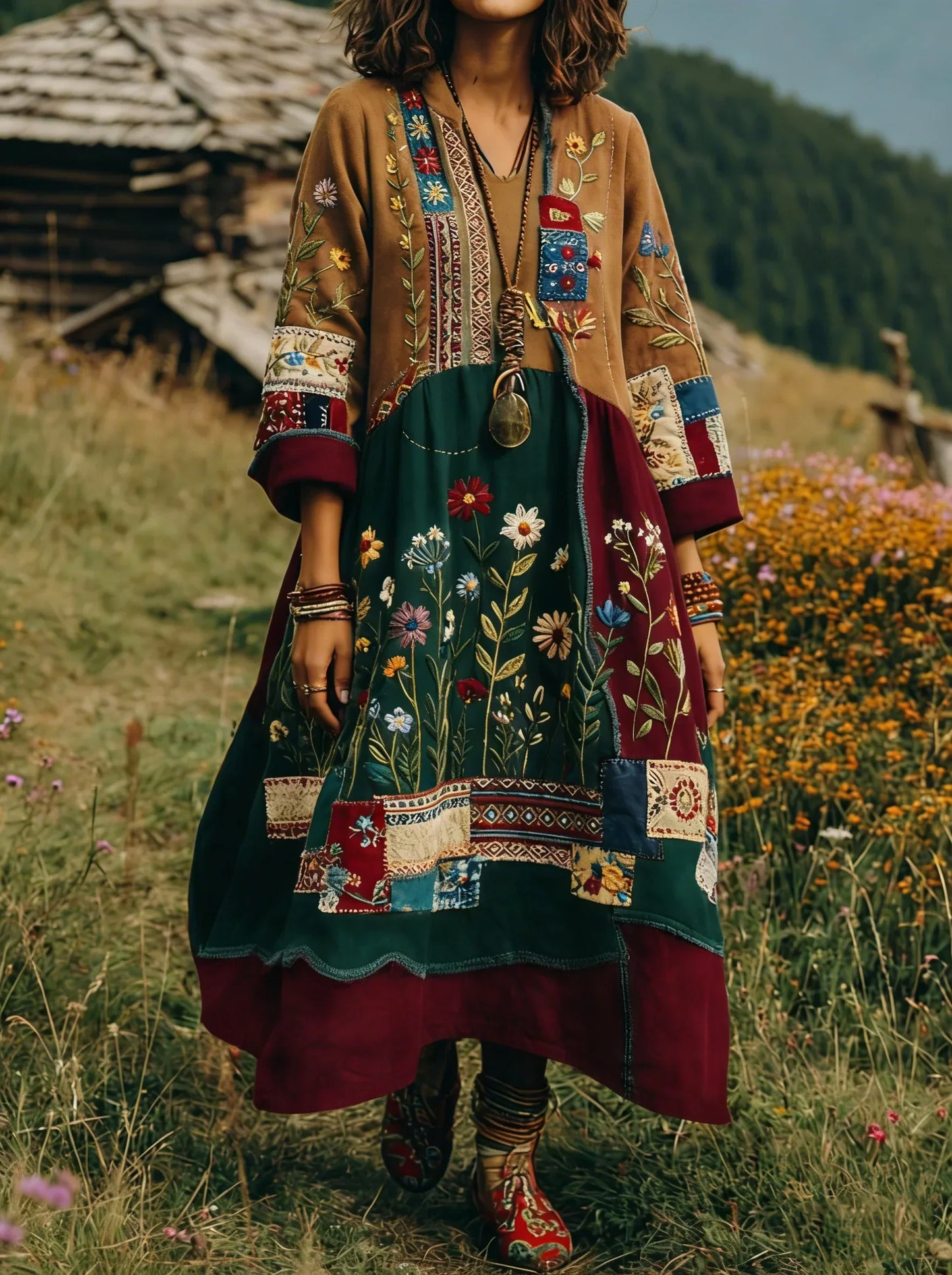 Vestido largo mujer patchwork bordado estilo bohemio fluido