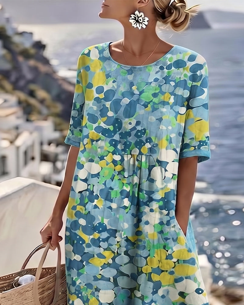 Vestido midi mujer algodón lino estampado bolsillos verano