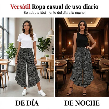 Pantalón Mujer Fluido Estampado Lunares Volante