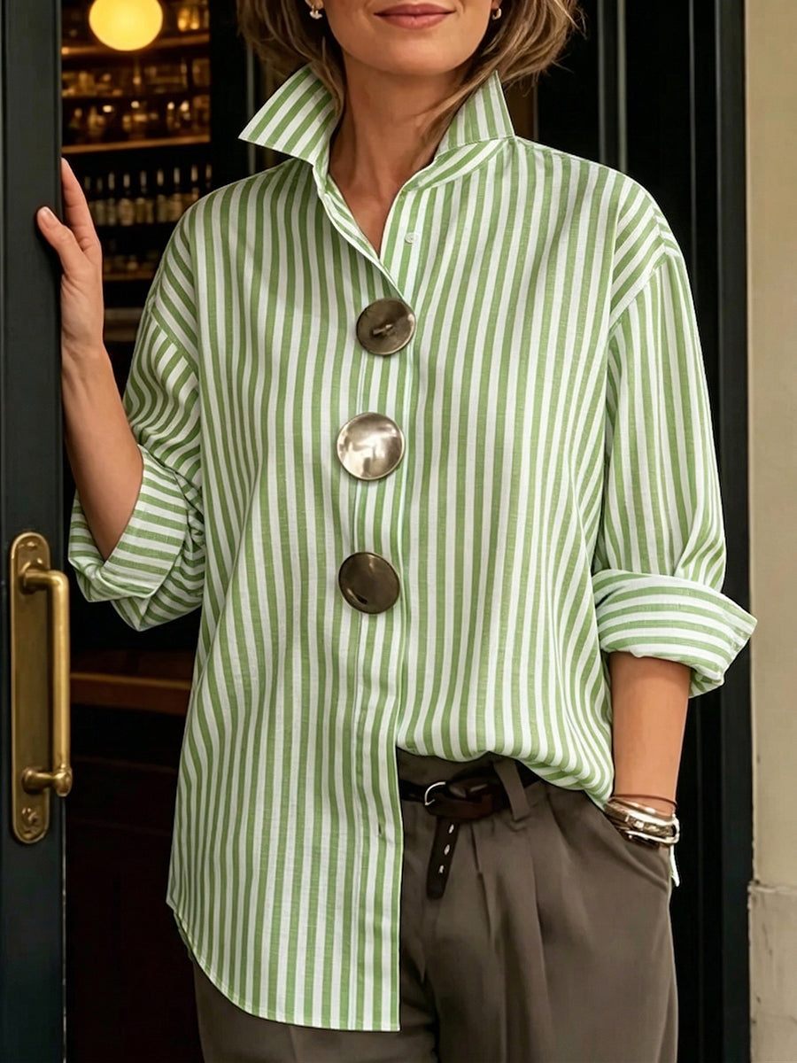 Camisa mujer de algodón rayas botones metal estilo casual