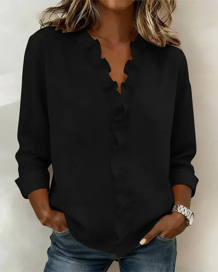 Blusa Mujer de Gasa Cuello en V Volantes Corte Fluido