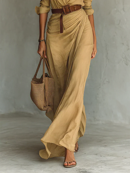Vestido maxi mujer con cuello y cinturón ajustable
