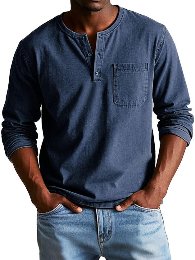 Camiseta henley hombre Algodón manga larga con bolsillo pecho