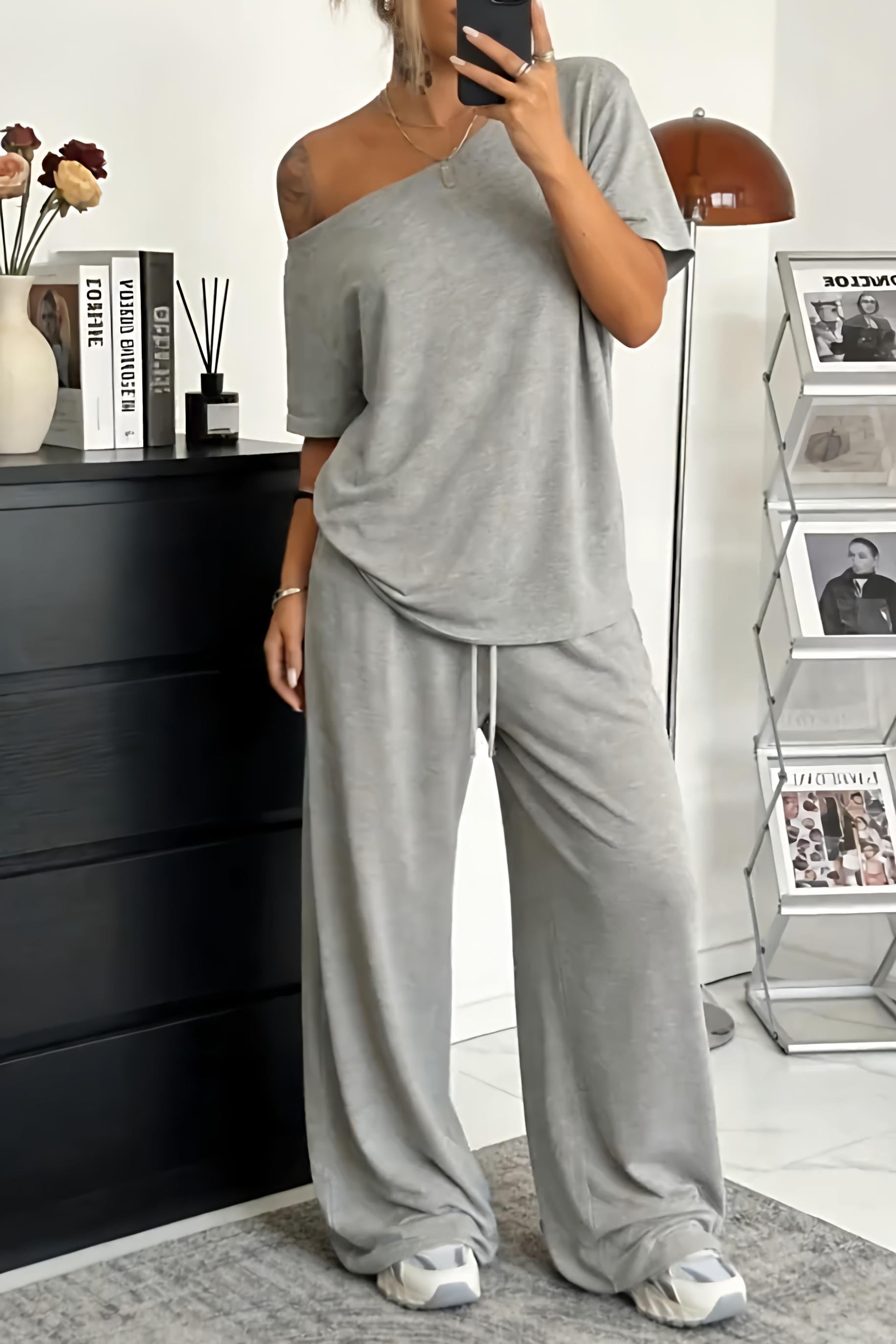 Conjunto mujer pantalón amplio hombro descubierto casual - Mavetta