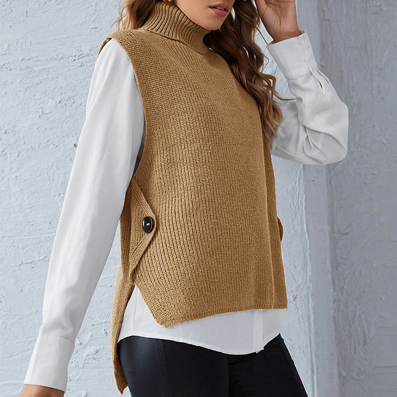 Chaleco Mujer de Piel Sintética Cuello Alto Botón Lateral
