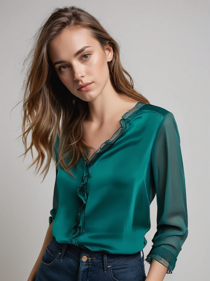Blusa Mujer Manga Larga con Volantes y Corte Elegante