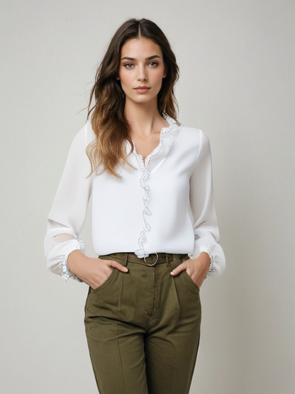 Blusa Mujer Manga Larga con Volantes y Corte Elegante