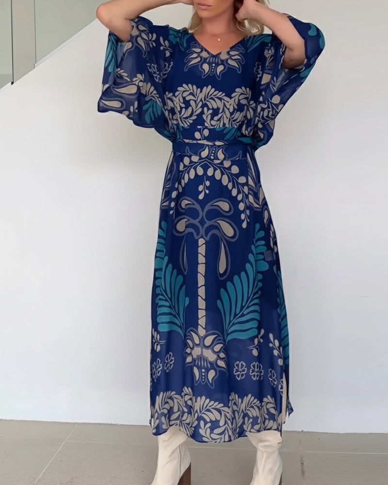 Vestido maxi mujer fluido estampado hojas estilo bohemio