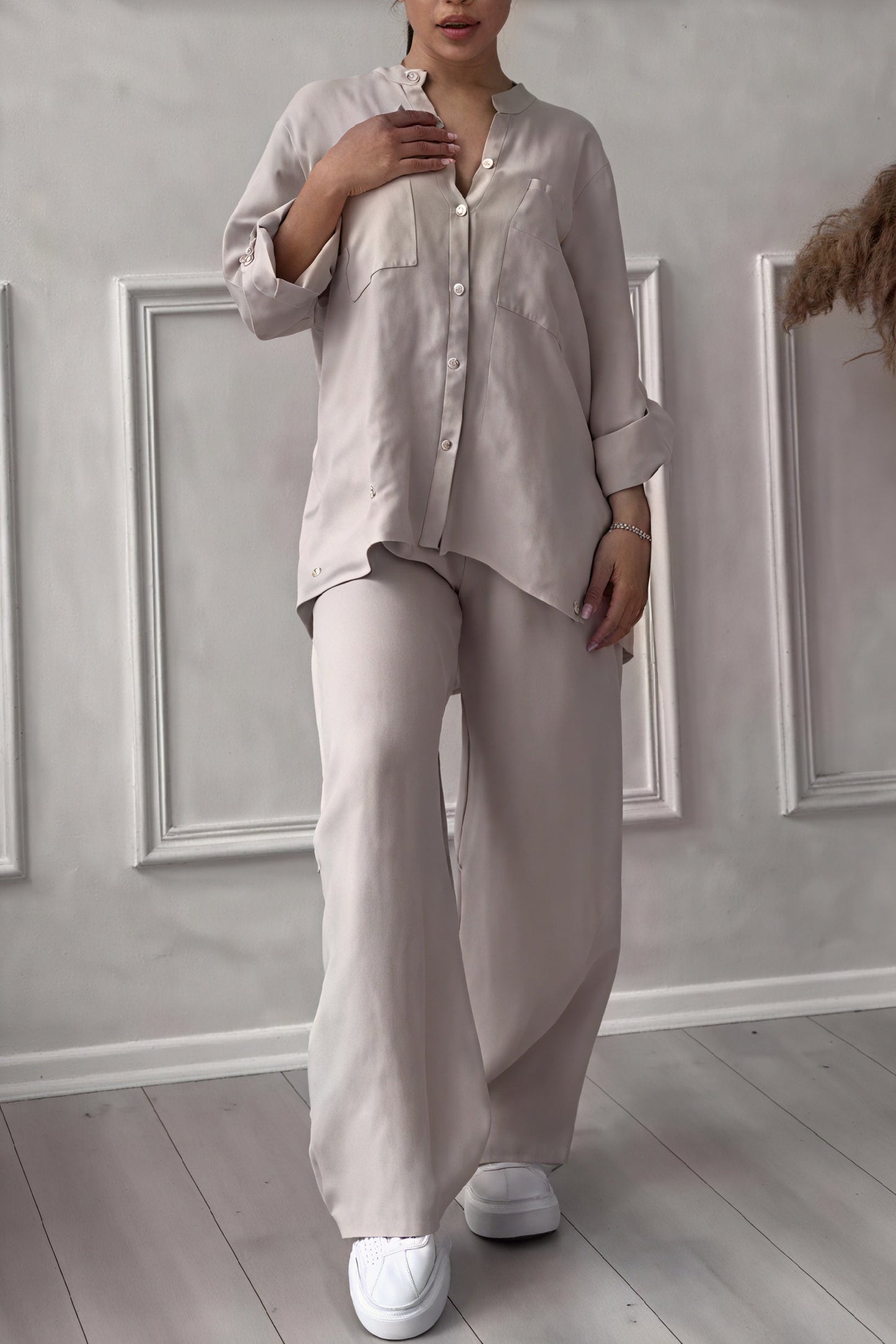 Conjunto Mujer Casual Camisa de Botones y Pantalones Pierna Ancha