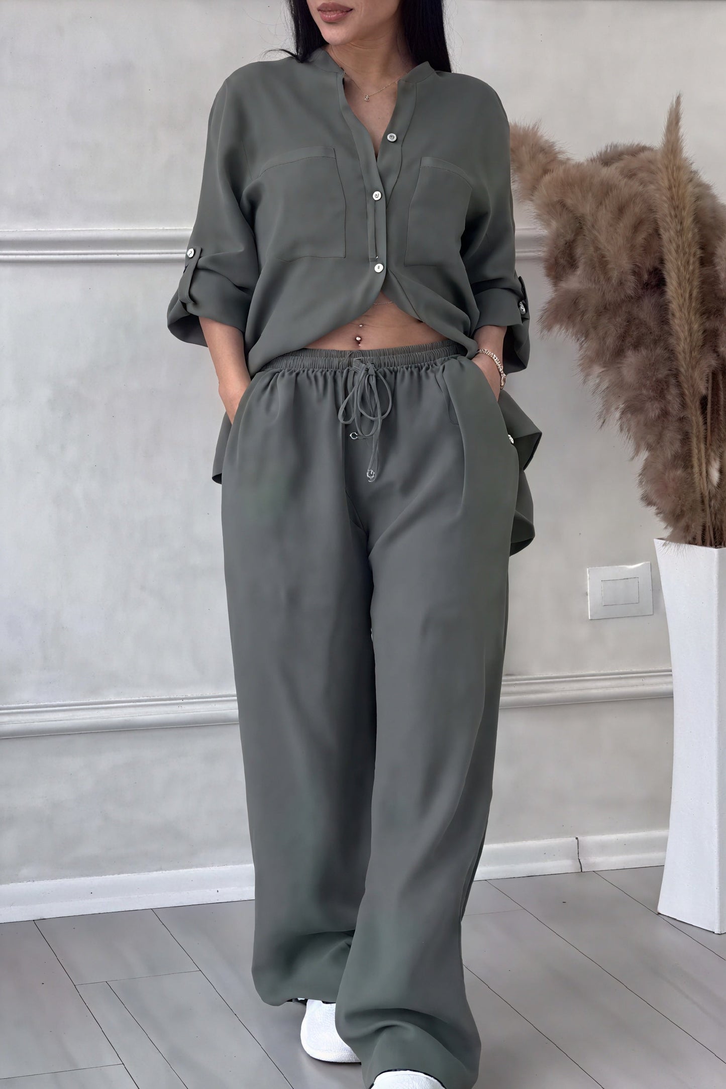 Conjunto Mujer Casual Camisa de Botones y Pantalones Pierna Ancha