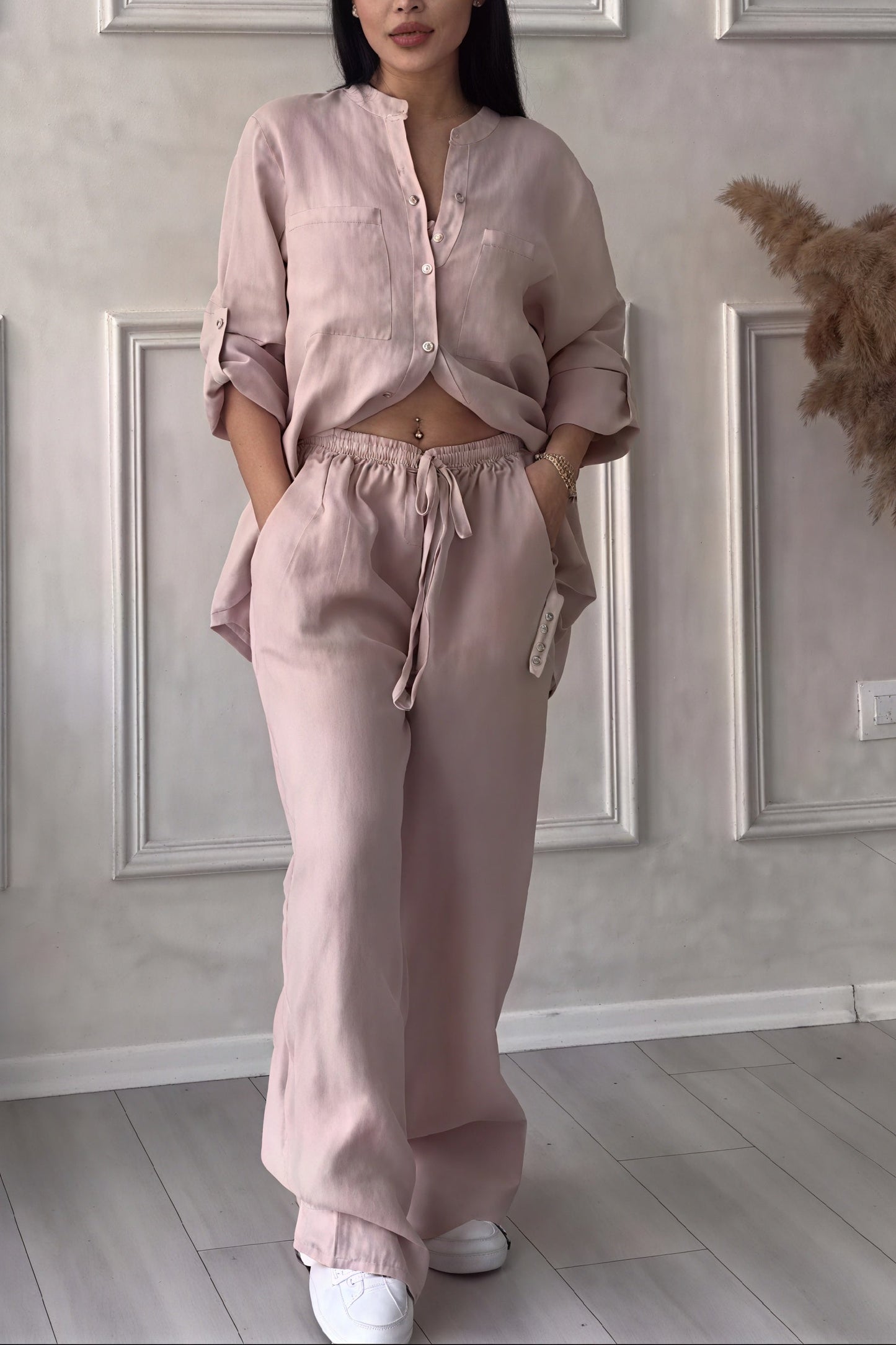 Conjunto Mujer Casual Camisa de Botones y Pantalones Pierna Ancha