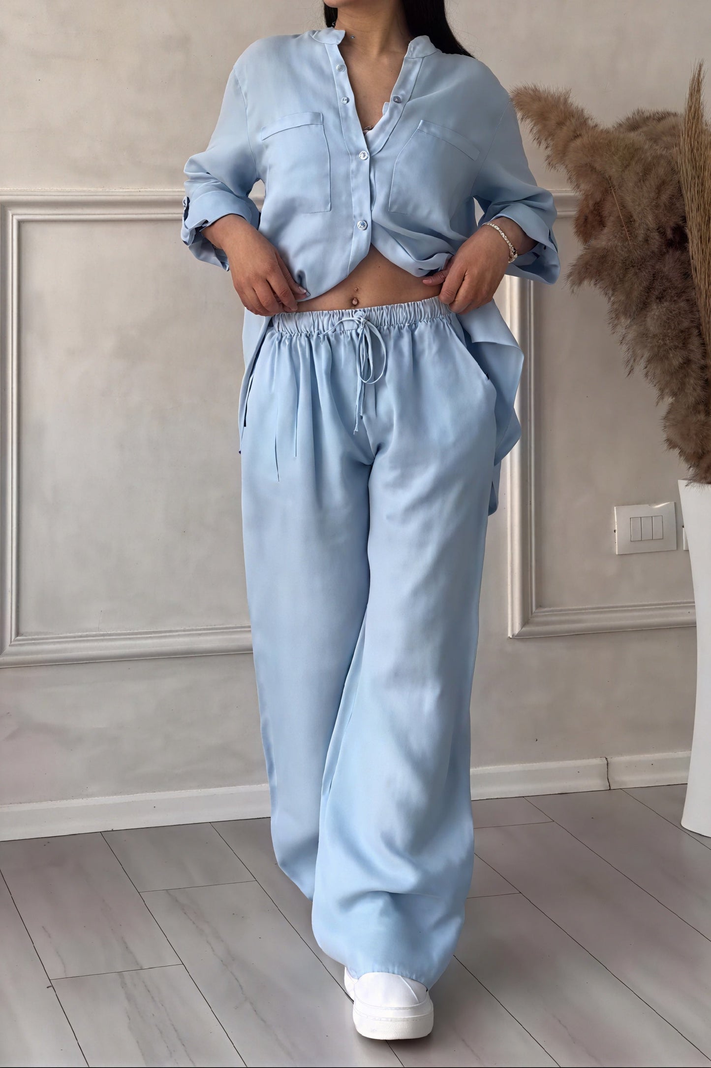 Conjunto Mujer Casual Camisa de Botones y Pantalones Pierna Ancha