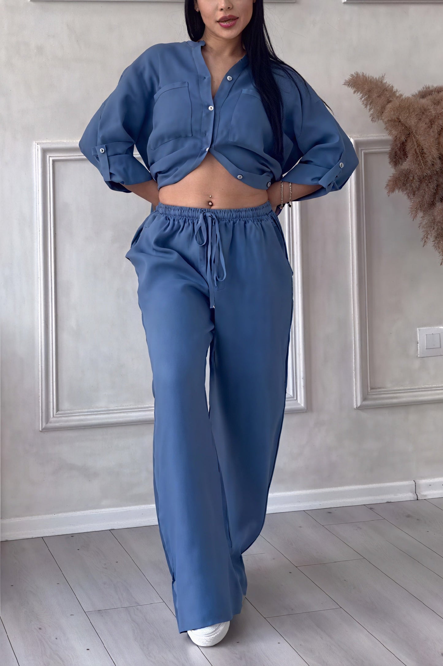 Conjunto Mujer Casual Camisa de Botones y Pantalones Pierna Ancha