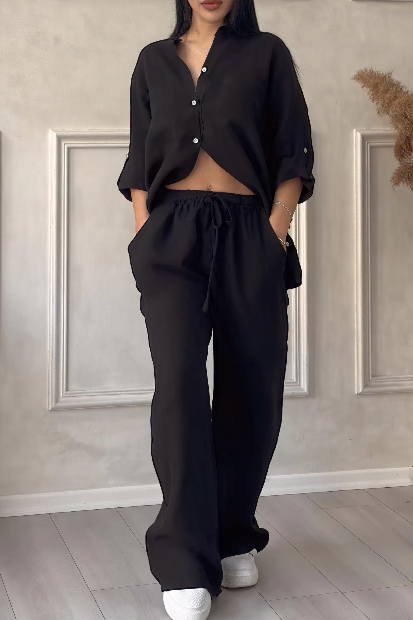 Conjunto Mujer Casual Camisa de Botones y Pantalones Pierna Ancha