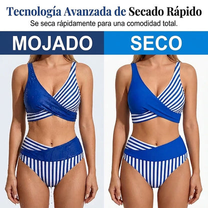 Bikini Mujer de Dos Piezas con Bloques y Rayas