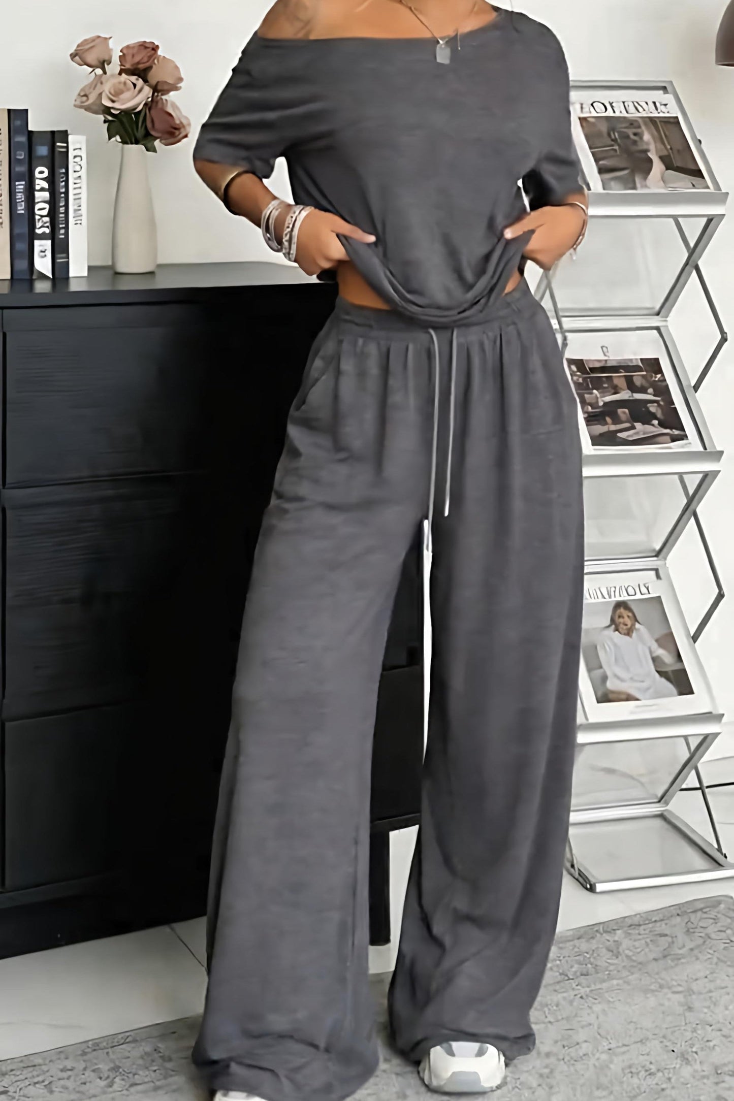 Conjunto mujer pantalón amplio hombro descubierto casual