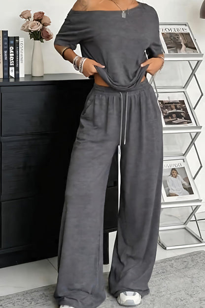 Conjunto mujer pantalón amplio hombro descubierto casual