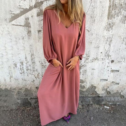 Vestido largo Mujer fluido escote en V mangas abullonadas