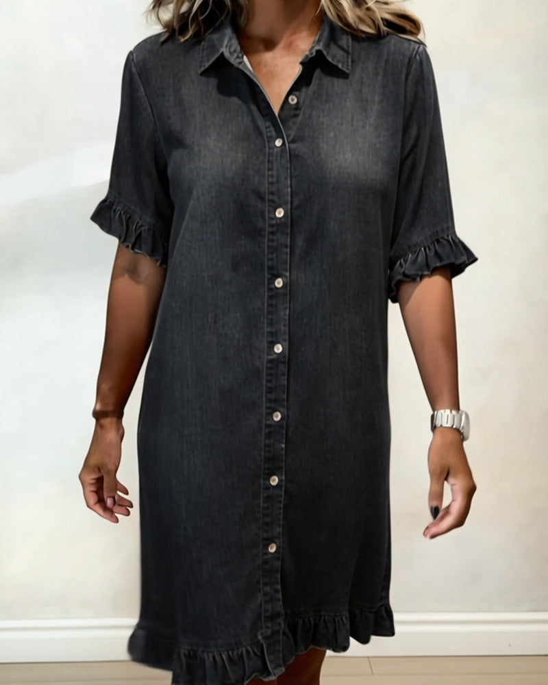 Vestido Mujer de Denim con Botones y Volantes Estilo Casual