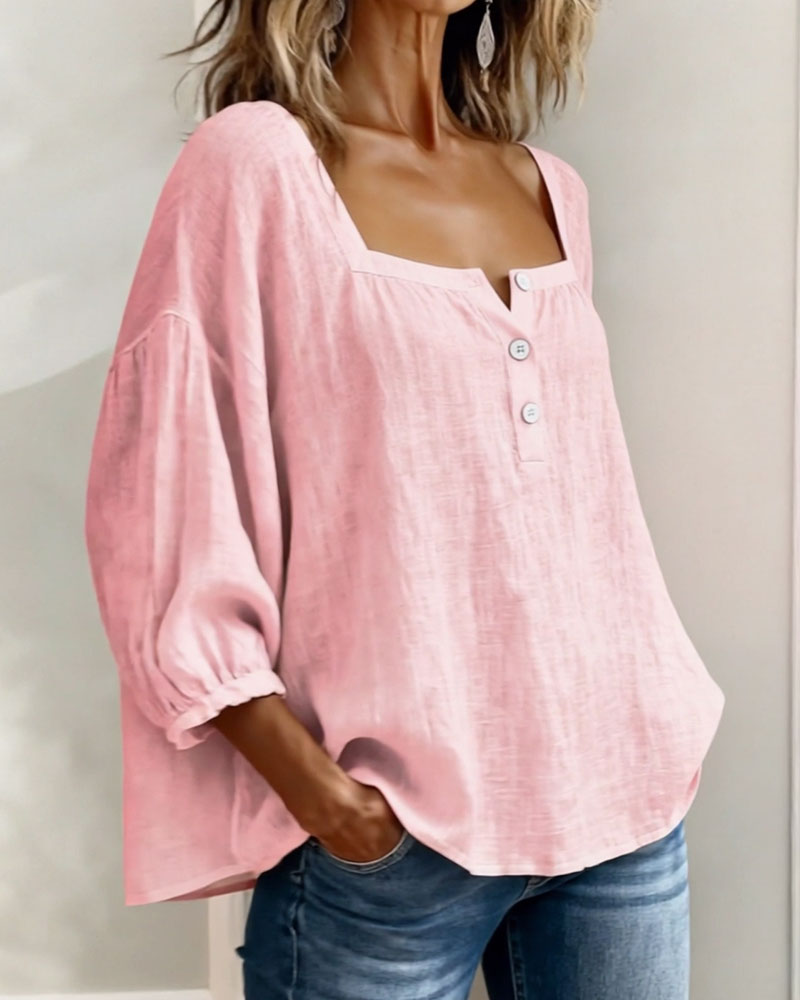 Blusa Mujer Escote Cuadrado Botones Ajuste Clasico