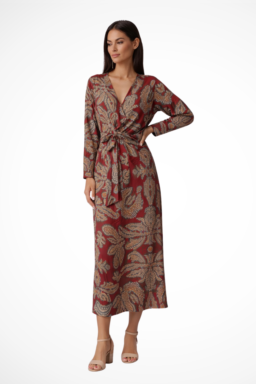 Vestido maxi mujer con cintura ajustable y manga larga elegante