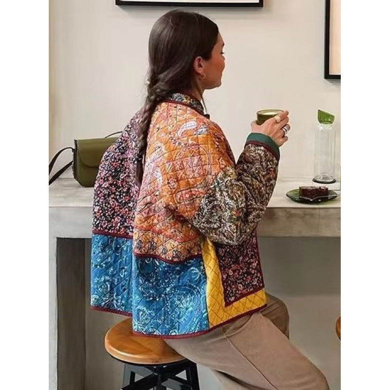 Abrigo Mujer Semi Acolchado Estampado Floral Bolsillos