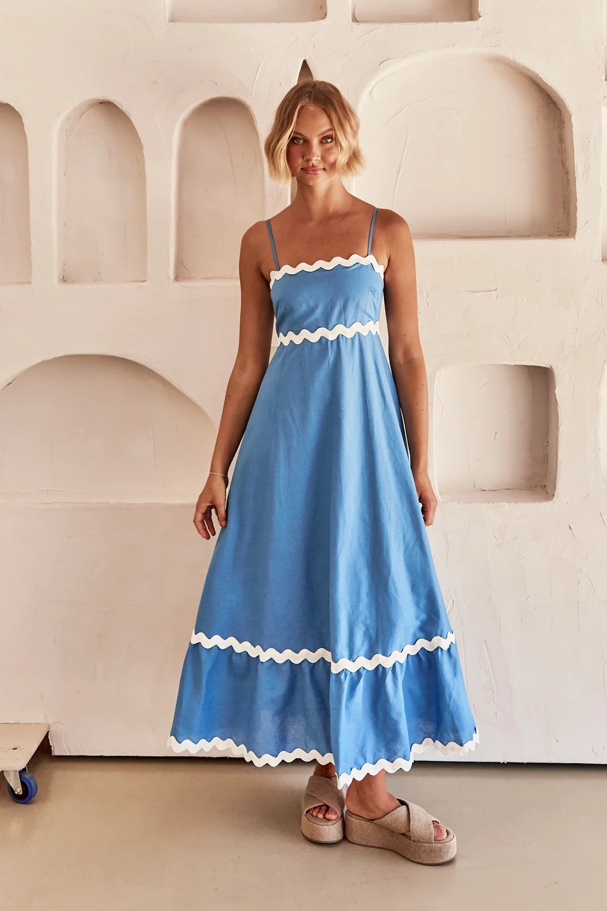 Vestido Largo Mujer de Tiras con Diseño de Ondas Playa Primavera