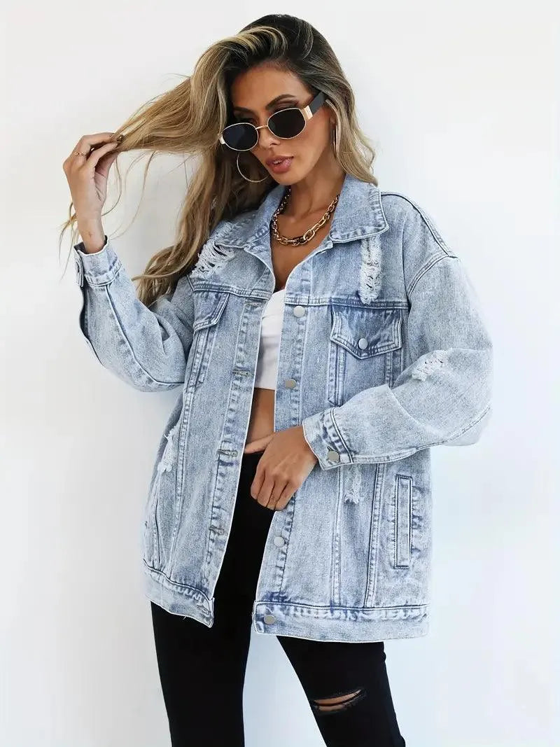 Chaqueta Vaquera Mujer Algodón Oversize Efecto Lavado Desgastada