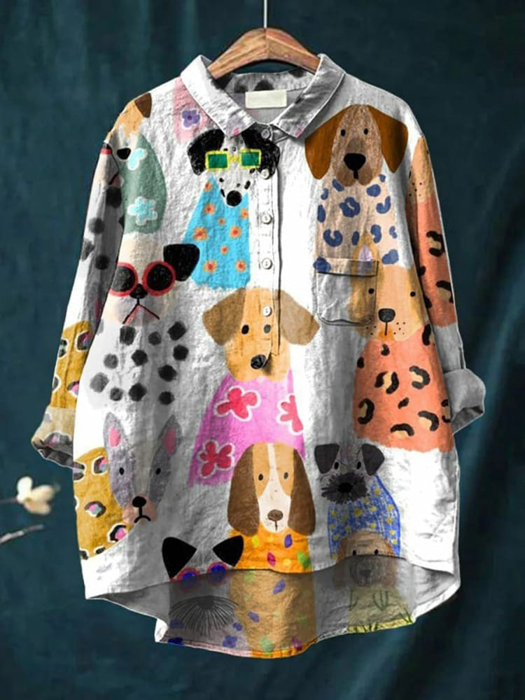 Camisa oversize hombre de algodón estampado artístico perros